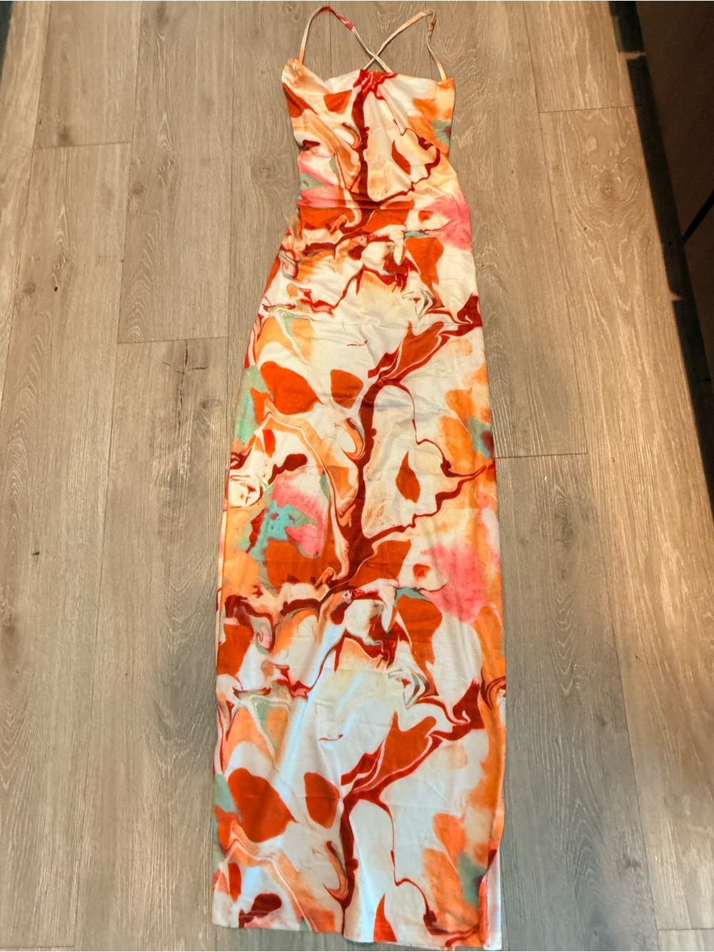 SHEIN Marble-Print Slip Maxi Dress in Orange, Coral & Aqua